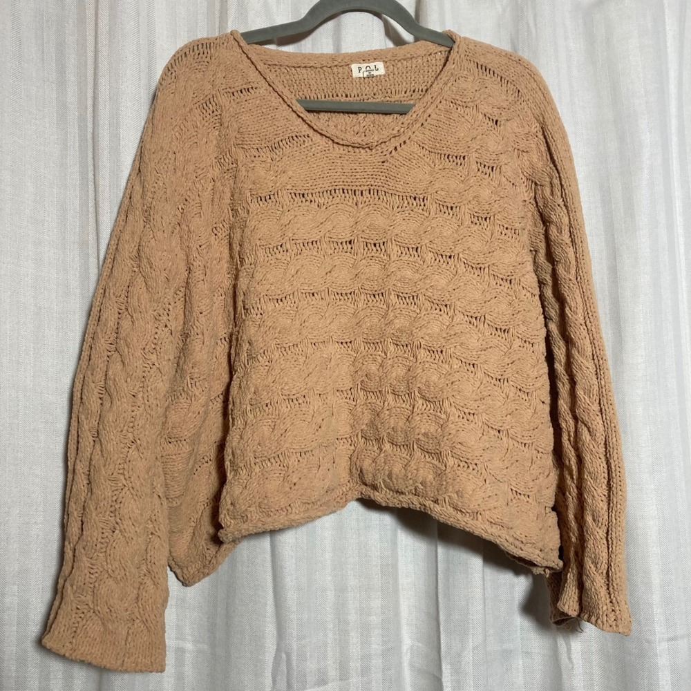 POL Clothing Oversized Chunky Knit Tan Cable Knit Women Sweater Large Cozy Cabin